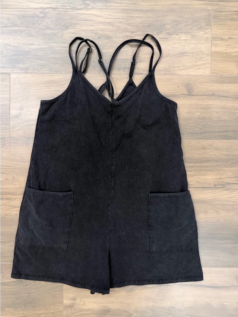 Hem & Thread Black Strappy Romper with Front Pockets